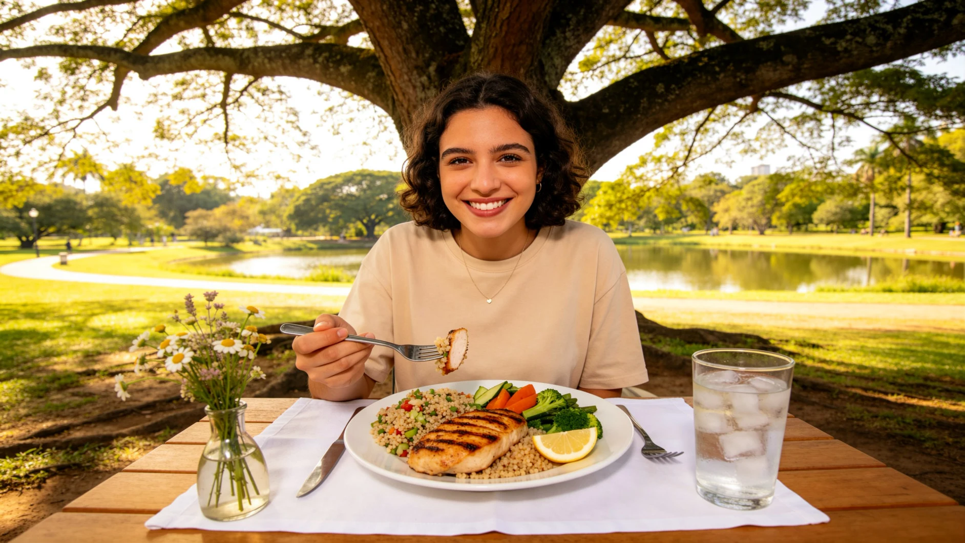 Person enjoying a balanced meal during the day