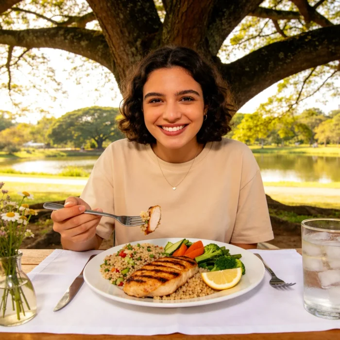 Person enjoying a balanced meal during the day
